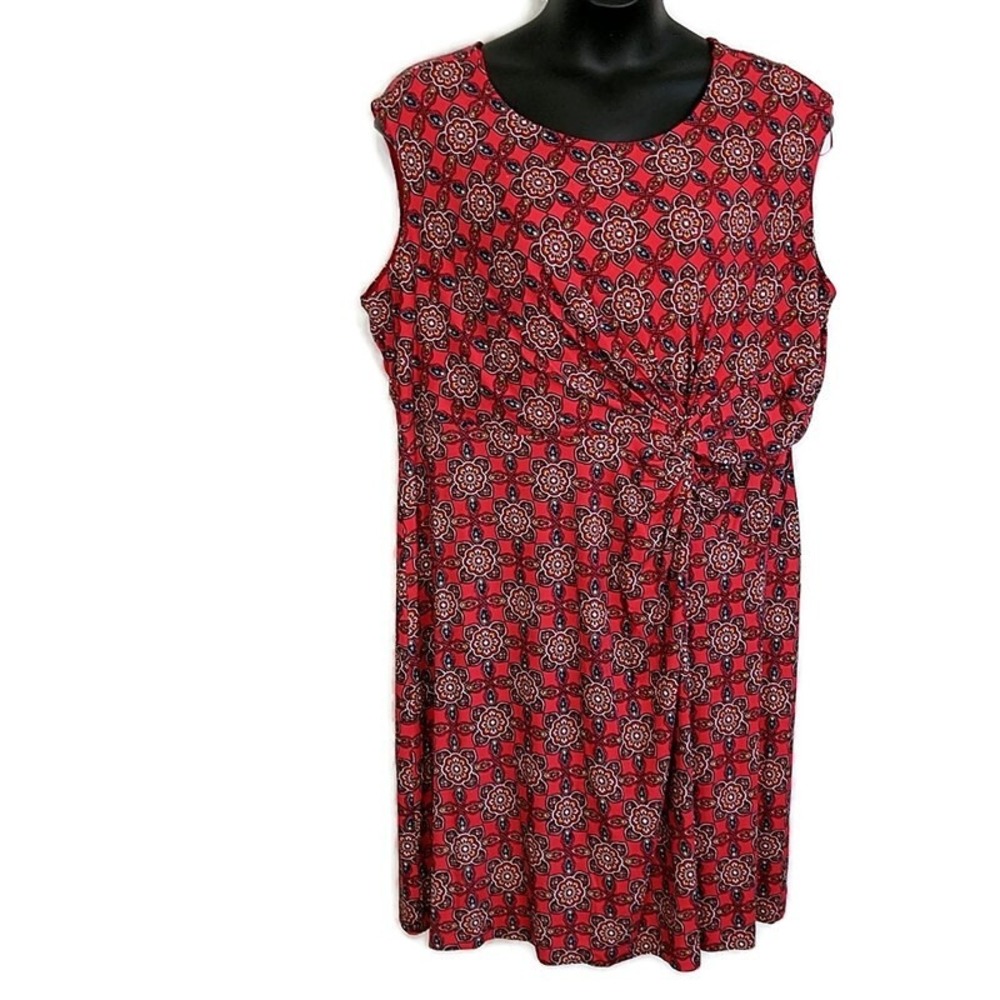 NWT Dana Buchman Sheath Dress Women 2X Red Bloom Medallion Knot Front Sleeveless
